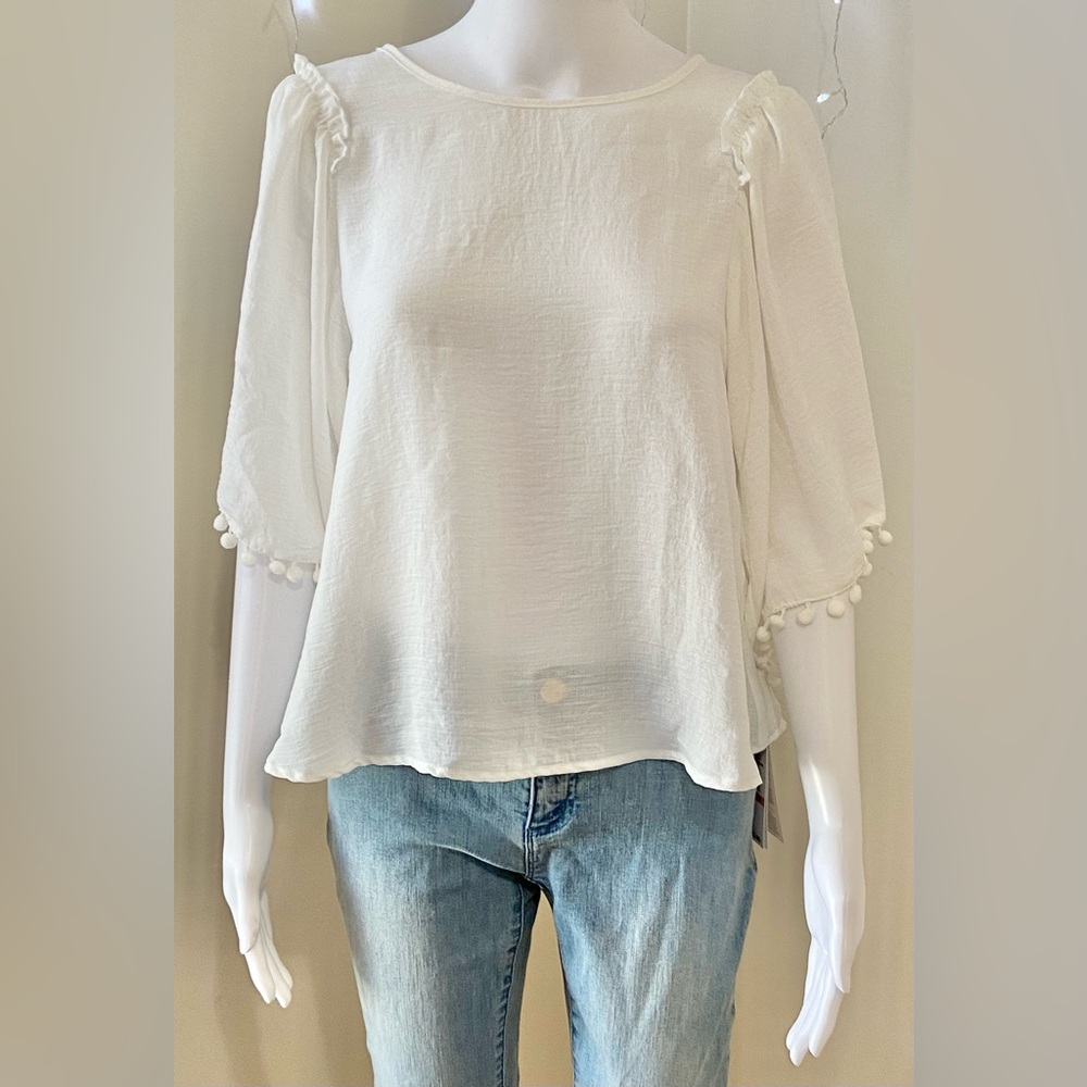Women Spence Ivory 3/4 Sleeve w/ Pom Poms Top Blouse NWT